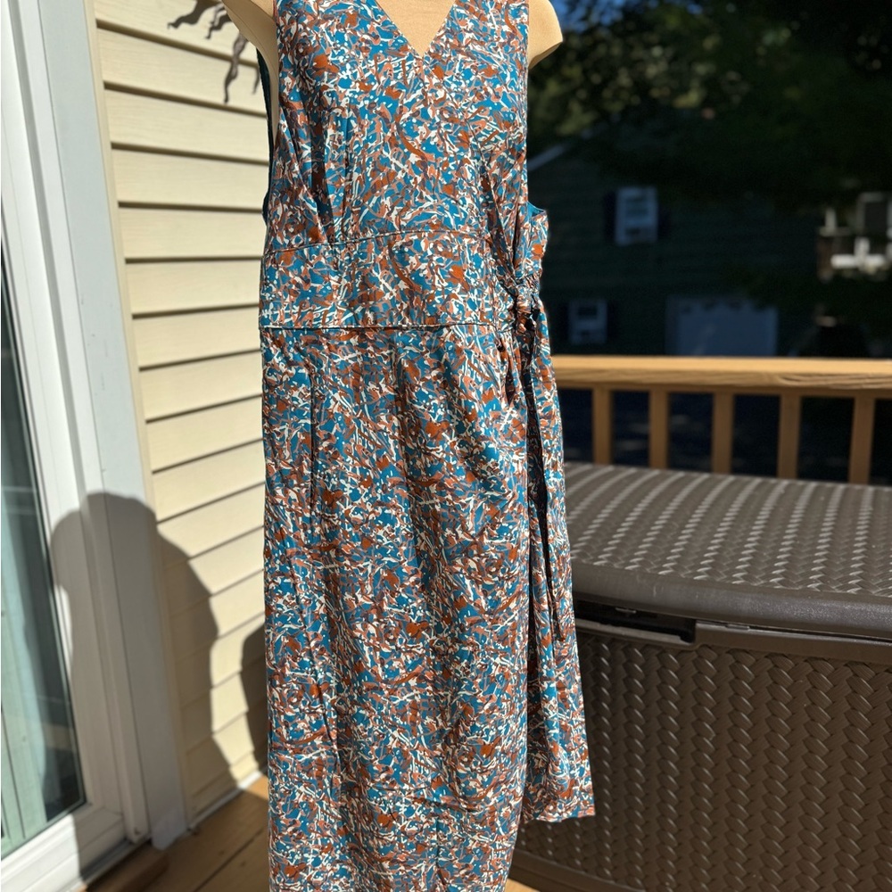 Joie Blue Rust Teal Floral Summer Spring Sleeveless Faux Wrap Dress Plus Sz 4X - Picture 3 of 15
